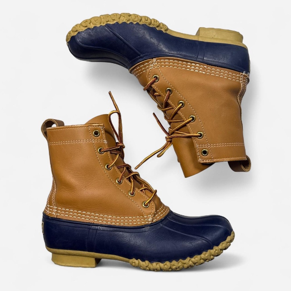 L.L.Bean navy & tan leather duck boots, made in USA, women's 9N